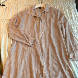 White and tan striped chiffon shirt dress